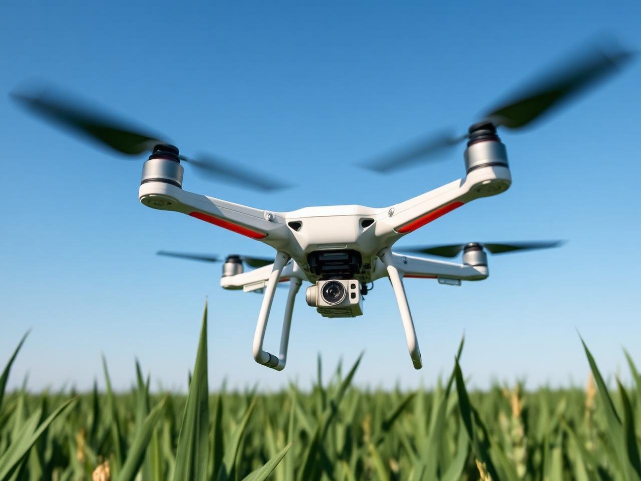 Modern spraying drone hovering above crops