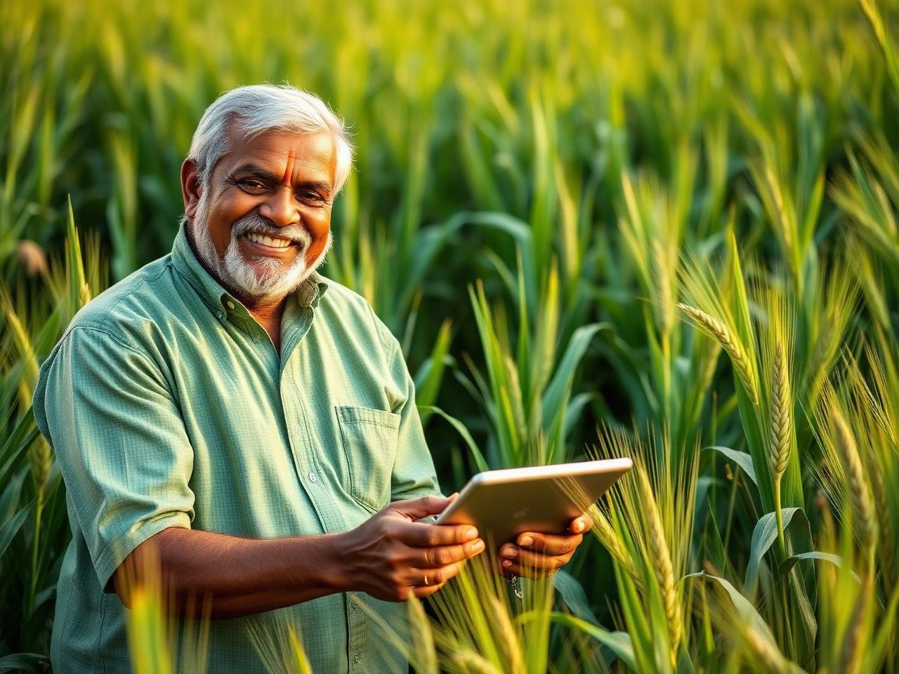 Farmer in field with tablet