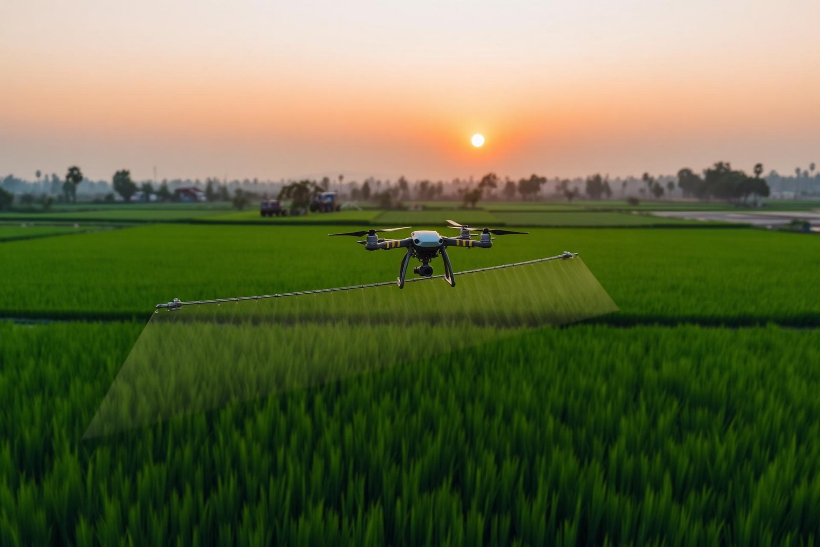 Agricultural drone spraying rice paddies at sunset